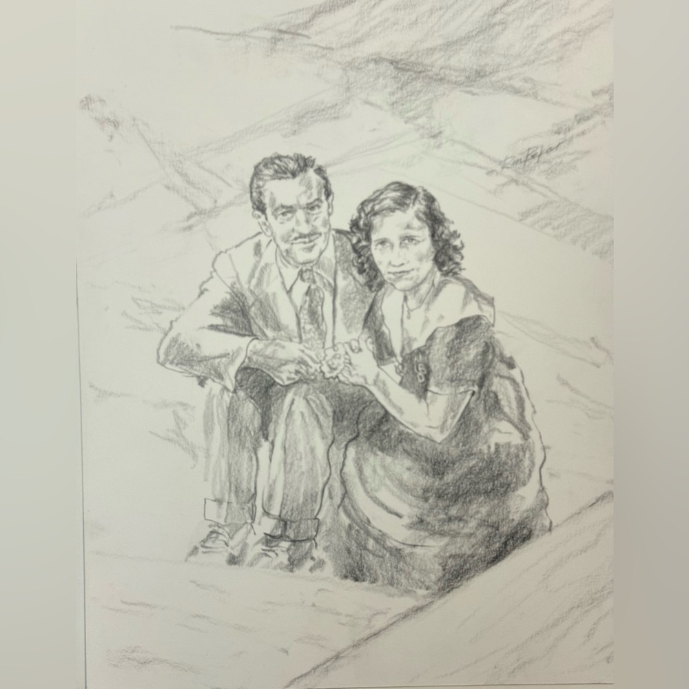 Drawing of Walt & Lilian Disney Original, Disney Music Hall Study by Ron Pekar